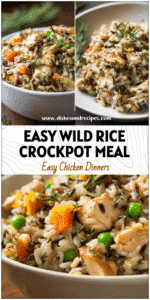 Creamy slow cooker wild rice and chicken casserole served in a white bowl